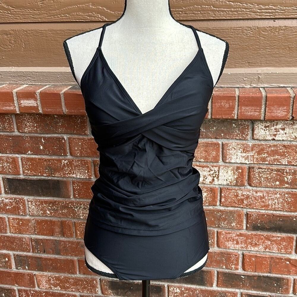 Black Twisted V-Neck Tankini Bikini Set Criss Cross Back Women’s Size Small